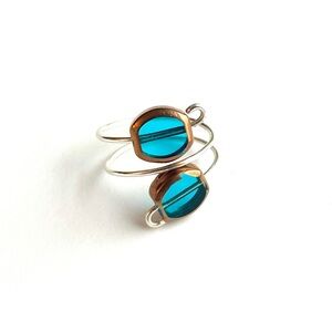 Artisan Silver Plated and Teal Bead Double Band Ring Adjustable Size